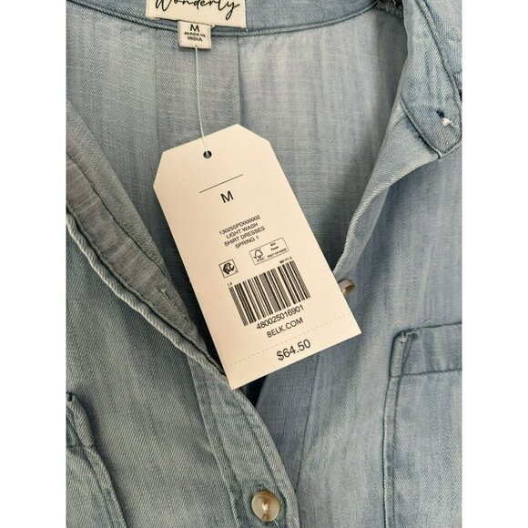 NWT Wonderly Chambray Denim Button Down Shirt Dress Size Medium Light Blue - Picture 4 of 5